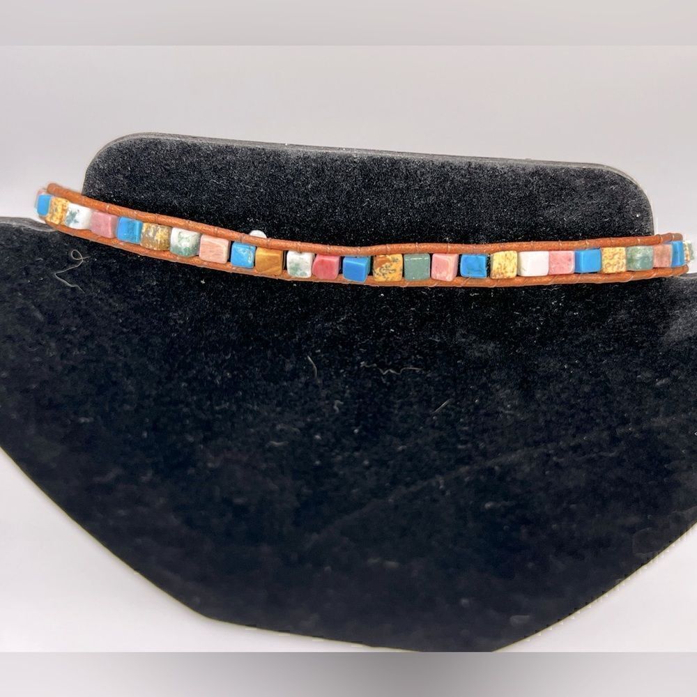 *3/$20* Boho colorful natural stone and (faux?) leather choker